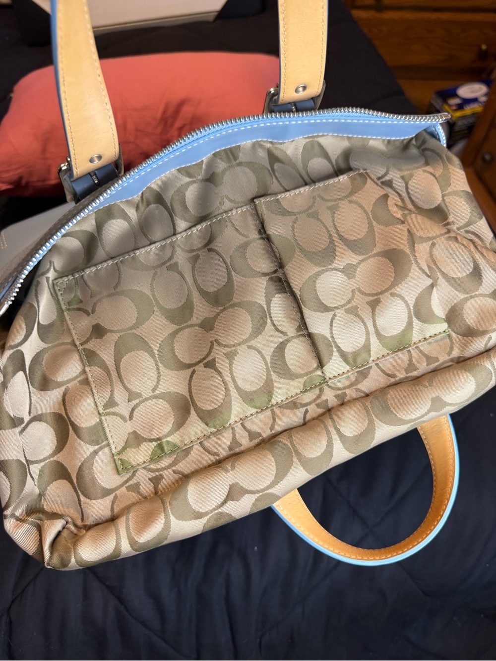 Coach Hamptons Vintage Canvas & Leather Tote Bag Y2K Baby Blue Zip Top #1842 - Picture 16 of 16